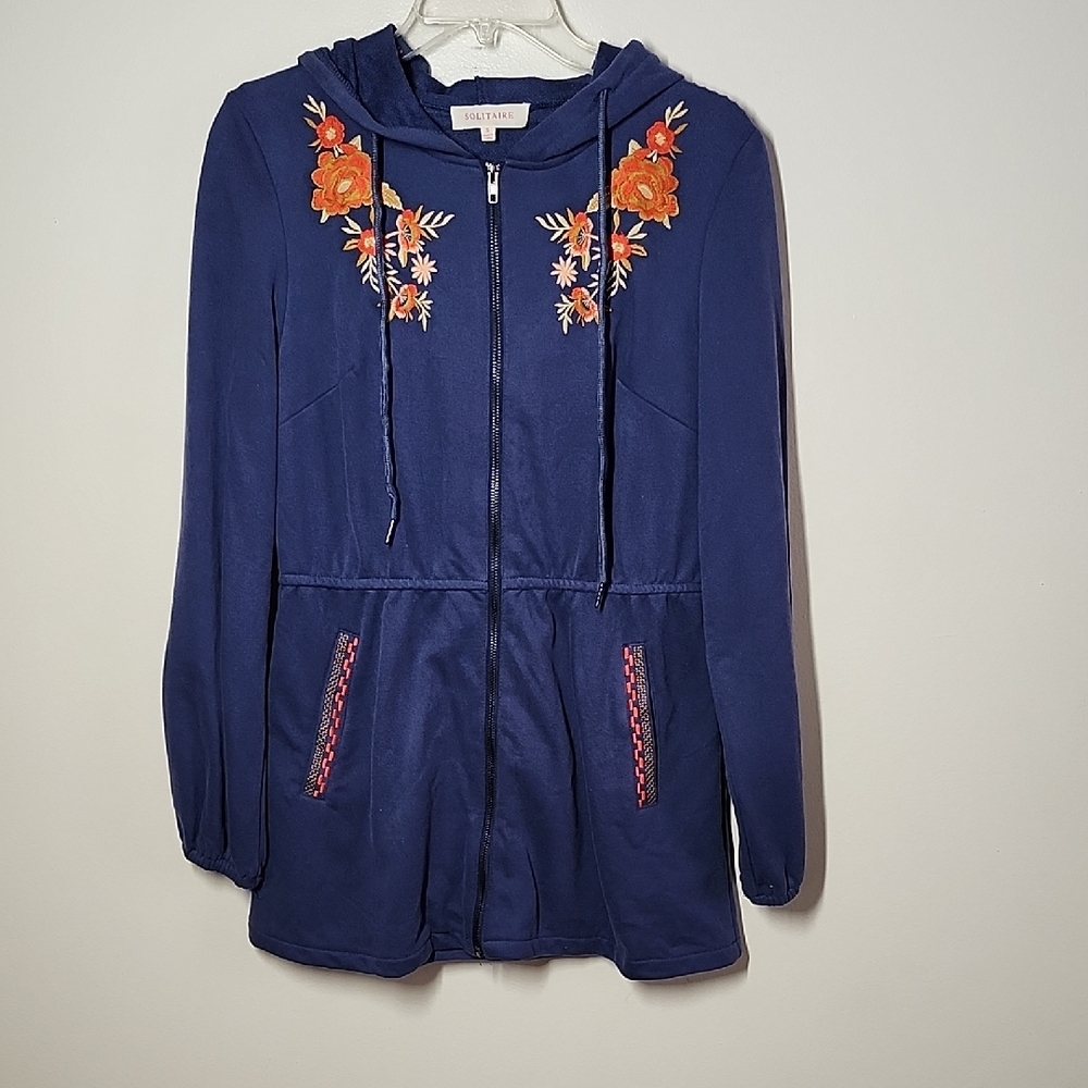 Solitaire Women's Blue Embroidered Full Zip Jacket Cinched Waist Hood Pockets Sm